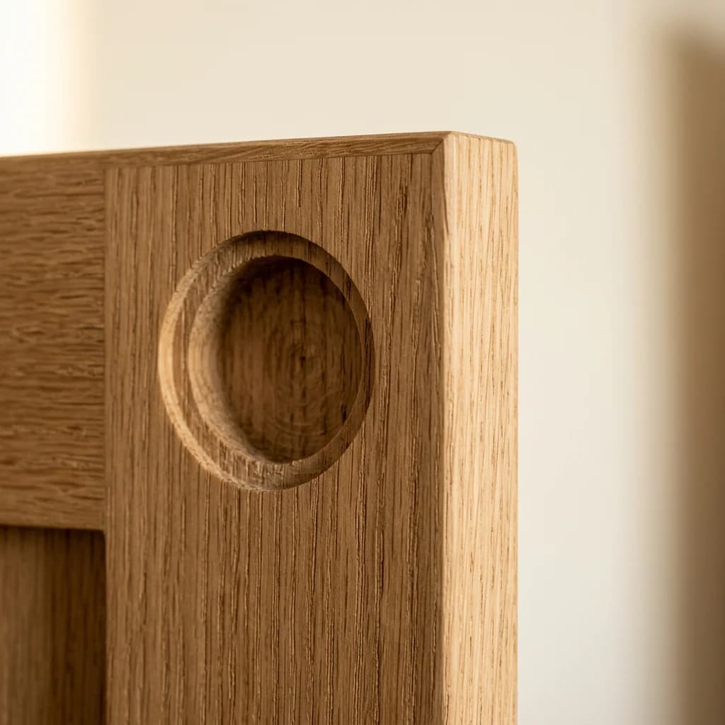 Macro of an oak door corner with a CNC-drilled 35mm hinge cup bore and 1mm edge banding