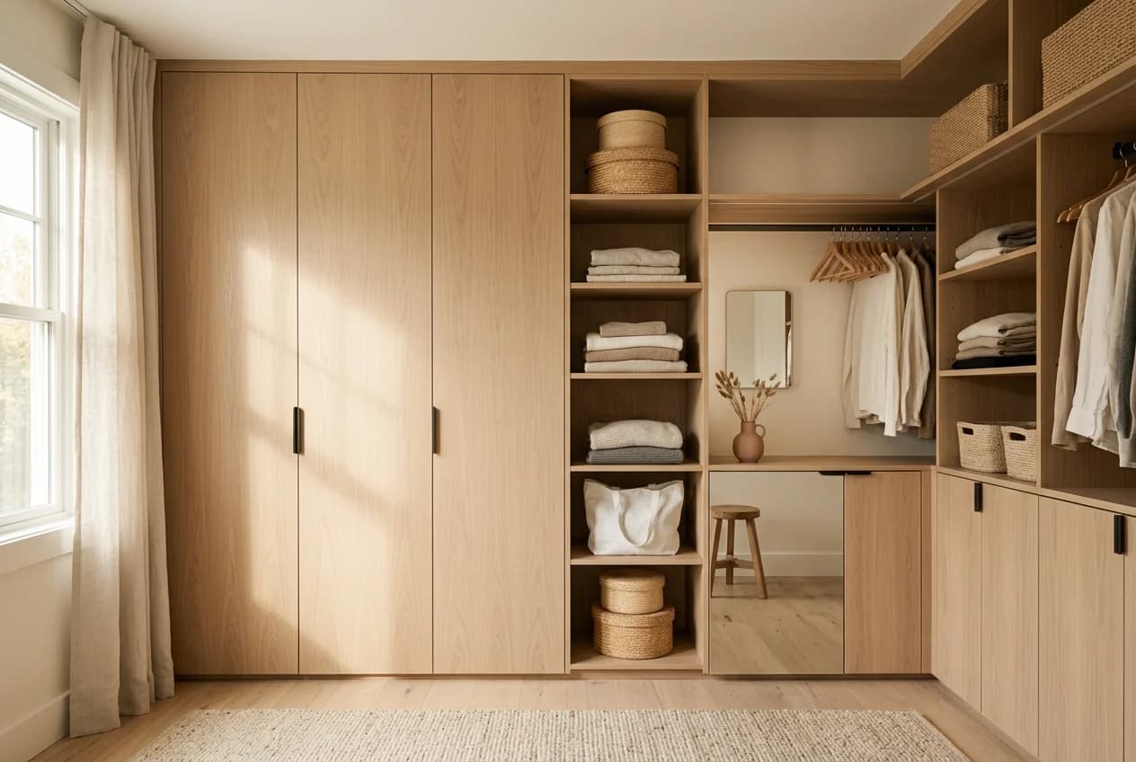 Walk-in closet with a floor-to-ceiling white oak built-in wardrobe