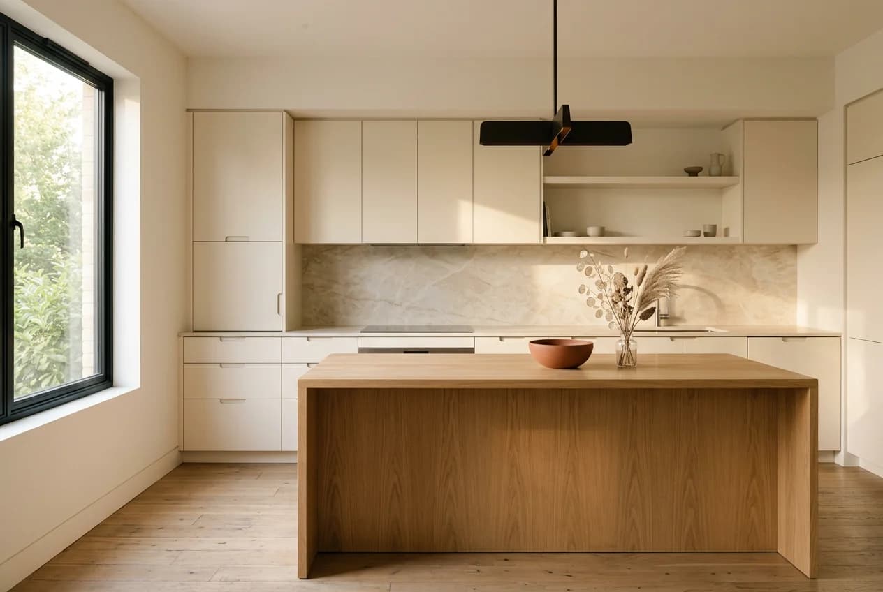 Custom flat-panel kitchen with cream cabinet fronts and a white oak island