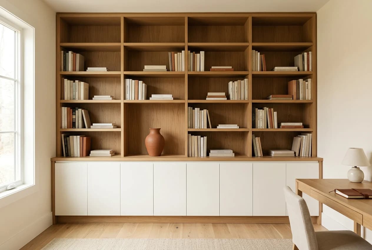 Home office wall with a custom floor-to-ceiling built-in bookshelf in white oak