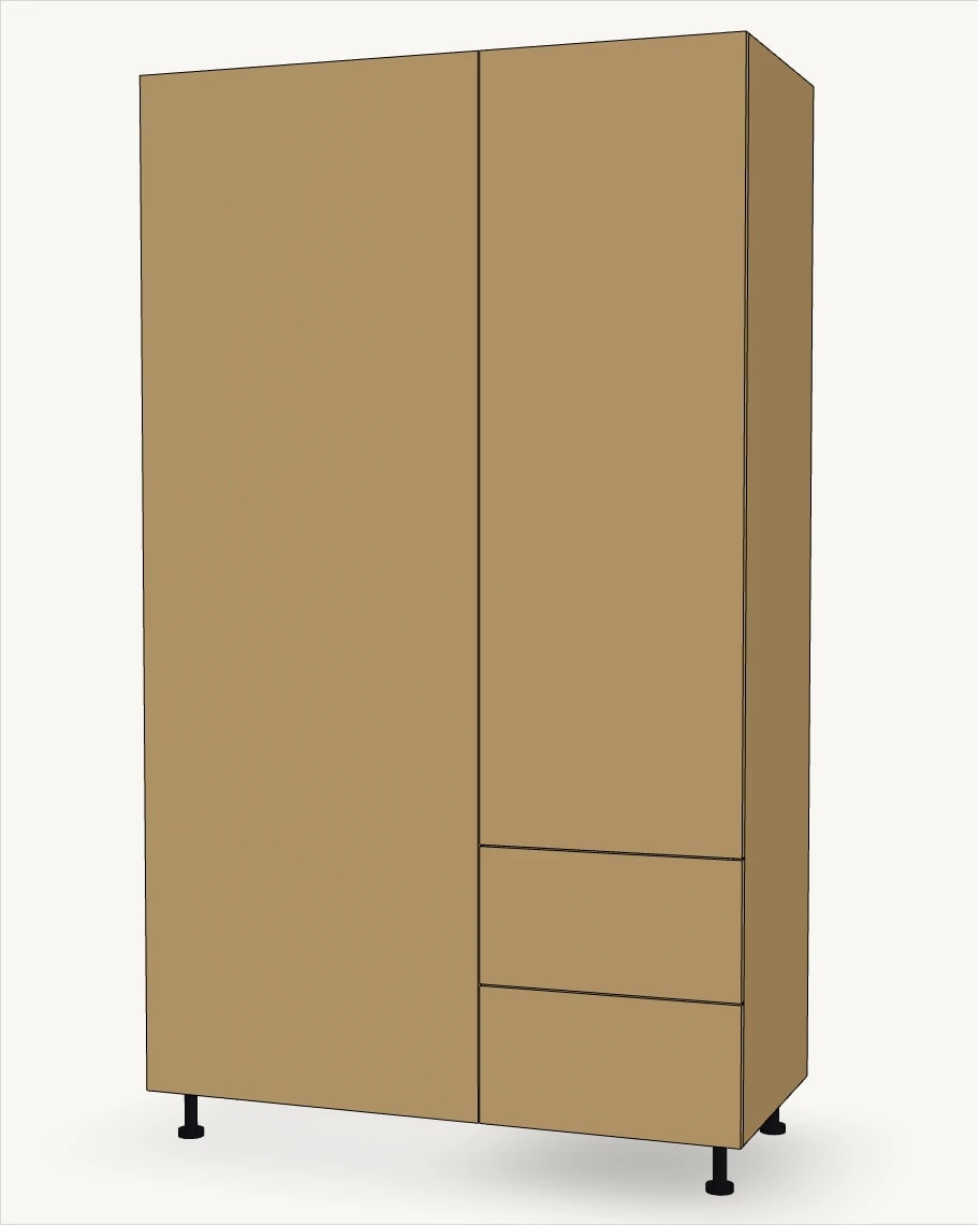Oak two-door wardrobe with two base drawers — the exact model the editor opens with